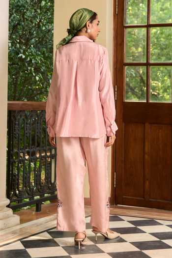 Shop_TA’Assur_Pink Silk Collared Neck Applique Hand Embroidered Shirt And Pant Set _at_Aza_Fashions