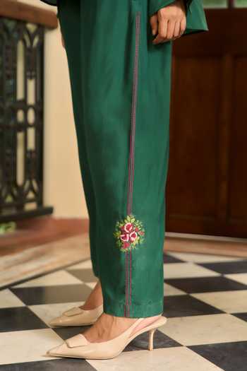 TA’Assur_Green Silk Collared Neck Embroidered Shirt And Pant Set _Online_at_Aza_Fashions