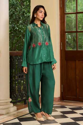 Buy_TA’Assur_Green Silk Collared Neck Embroidered Shirt And Pant Set _Online_at_Aza_Fashions
