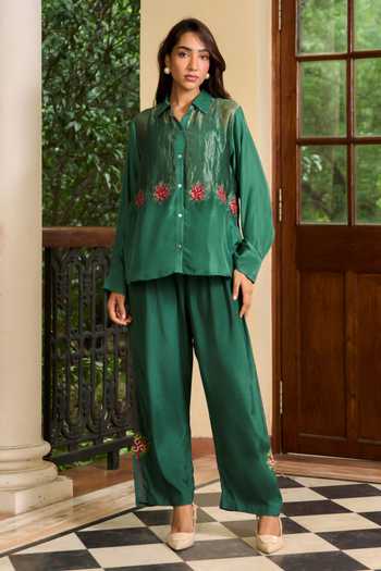 Buy_TA’Assur_Green Silk Collared Neck Embroidered Shirt And Pant Set _at_Aza_Fashions