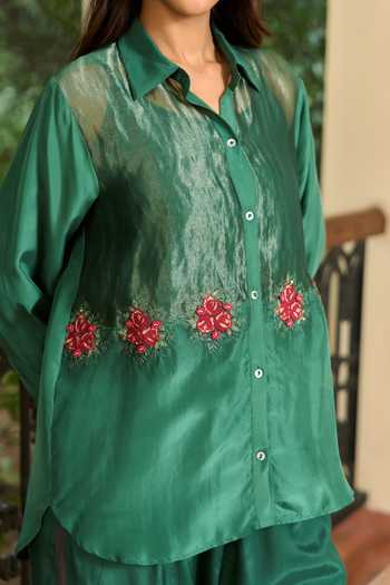 TA’Assur_Green Silk Collared Neck Embroidered Shirt And Pant Set _at_Aza_Fashions