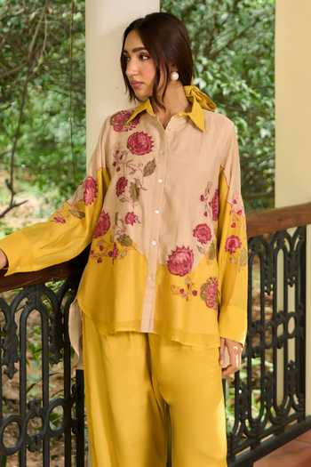 Shop_TA’Assur_Pink Chanderi Button-down Neck Embroidered Shirt And Pant Set _at_Aza_Fashions