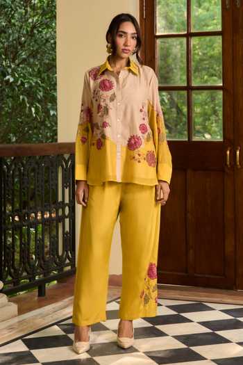 Buy_TA’Assur_Pink Chanderi Button-down Neck Embroidered Shirt And Pant Set _at_Aza_Fashions