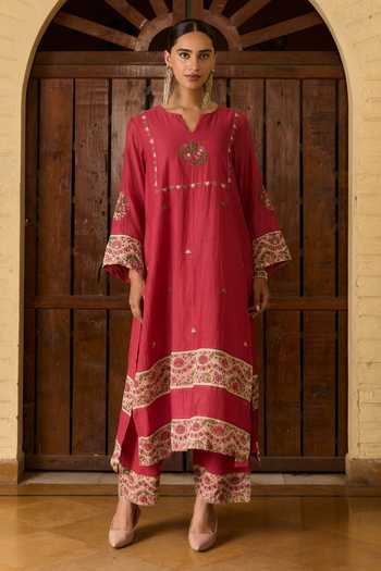 TA’Assur_Pink Chanderi Split V-neck Embroidered Kurta Set _at_Aza_Fashions