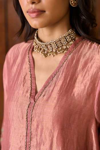 Shop_TA’Assur_Pink Chanderi, Tissue V-neck Hand Embroidered Kurta Set 