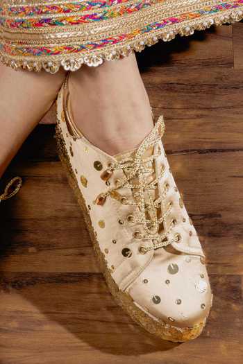 Buy_Tiesta_Gold Sitara Sequin Platform Sneakers _Online_at_Aza_Fashions