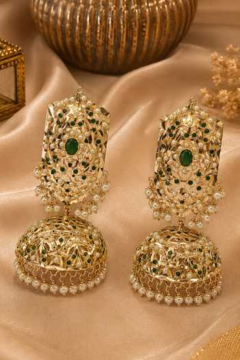 Shop_Vivinia By Vidhi Mehra_Gold Plated Jadau Pearl Jhumka Earrings _at_Aza_Fashions
