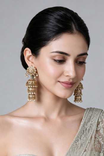 Buy_Vivinia By Vidhi Mehra_Gold Plated Three-layer Jadau Pearl Jhumka Earrings _at_Aza_Fashions