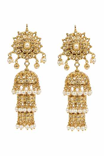 Vivinia By Vidhi Mehra_Gold Plated Three-layer Jadau Pearl Jhumka Earrings _Online_at_Aza_Fashions