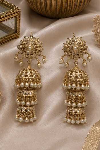 Shop_Vivinia By Vidhi Mehra_Gold Plated Three-layer Jadau Pearl Jhumka Earrings _at_Aza_Fashions