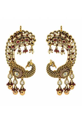 Vivinia By Vidhi Mehra_Gold Plated Ruby Peacock Statement Earrings _Online_at_Aza_Fashions
