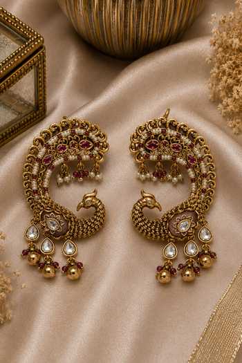 Shop_Vivinia By Vidhi Mehra_Gold Plated Ruby Peacock Statement Earrings _at_Aza_Fashions