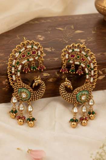 Shop_Vivinia By Vidhi Mehra_Gold Plated Peacock Embellished Earrings _at_Aza_Fashions
