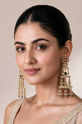 Buy_Vivinia By Vidhi Mehra_Multi Color Kundan Pearl Drop Long Earrings _at_Aza_Fashions