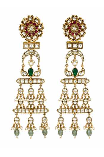 Vivinia By Vidhi Mehra_Multi Color Kundan Pearl Drop Long Earrings _Online_at_Aza_Fashions