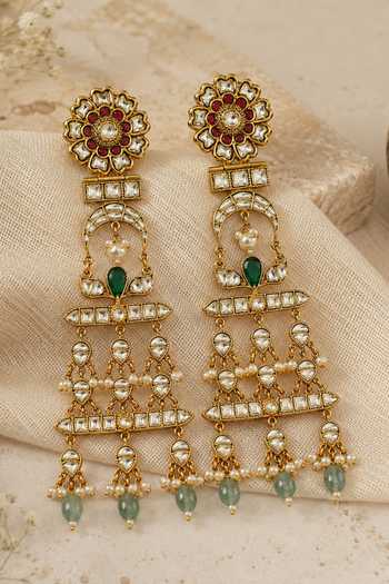 Shop_Vivinia By Vidhi Mehra_Multi Color Kundan Pearl Drop Long Earrings _at_Aza_Fashions