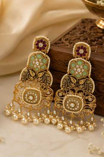 Shop_Vivinia By Vidhi Mehra_Multi Color Kundan Pearl Embellished Earrings _at_Aza_Fashions
