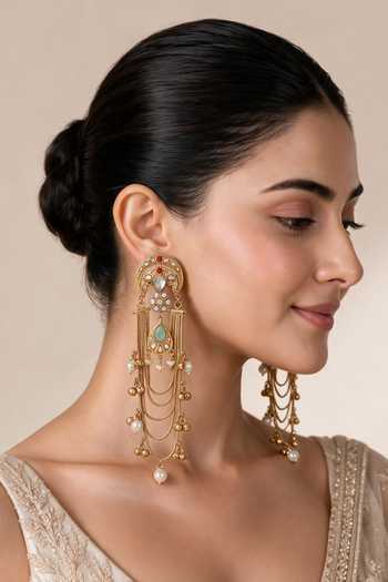 Buy_Vivinia By Vidhi Mehra_Multi Color Kundan Chain Drop Tassel Earrings _at_Aza_Fashions