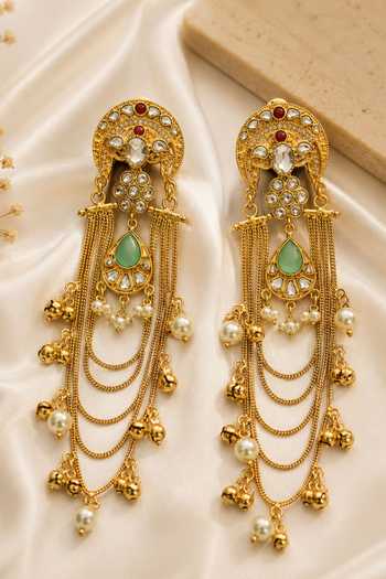 Shop_Vivinia By Vidhi Mehra_Multi Color Kundan Chain Drop Tassel Earrings _at_Aza_Fashions