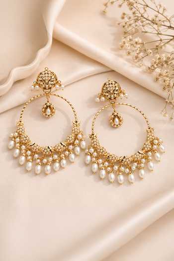 Shop_Vivinia By Vidhi Mehra_Gold Plated Jadau Pearl Embellished Oversized Hoop Earrings _at_Aza_Fashions