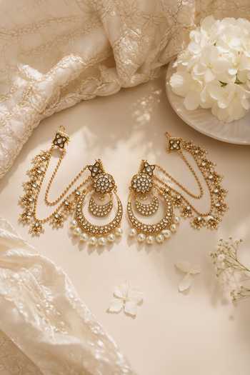 Shop_Vivinia By Vidhi Mehra_Gold Plated Kundan Pearl Chandbali Earrings With Chains _at_Aza_Fashions