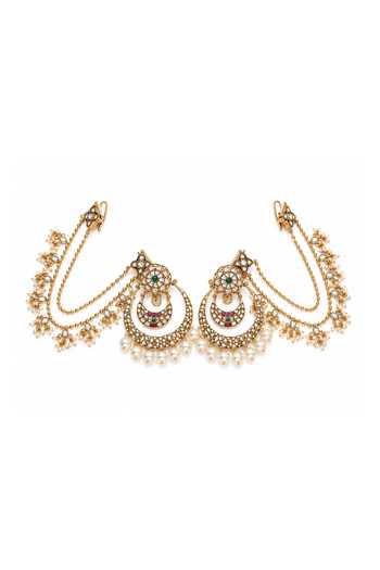 Vivinia By Vidhi Mehra_Multi Color Kundan Pearl Chandbali Earrings With Chains _Online_at_Aza_Fashions