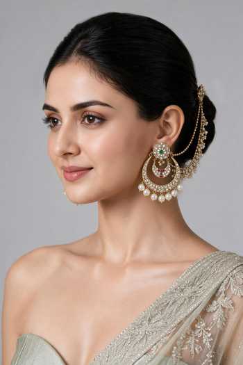 Buy_Vivinia By Vidhi Mehra_Multi Color Kundan Pearl Chandbali Earrings With Chains _at_Aza_Fashions