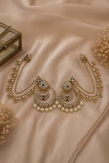 Shop_Vivinia By Vidhi Mehra_Multi Color Kundan Pearl Chandbali Earrings With Chains _at_Aza_Fashions