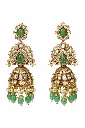 Shop_Vivinia By Vidhi Mehra_Green Moissanite Long Two-layered Necklace Set _Online_at_Aza_Fashions