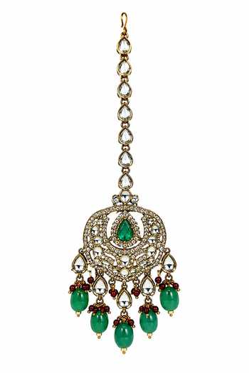 Vivinia By Vidhi Mehra_Emerald Green Semi-precious Stone Kundan Long Necklace Set _Online_at_Aza_Fashions