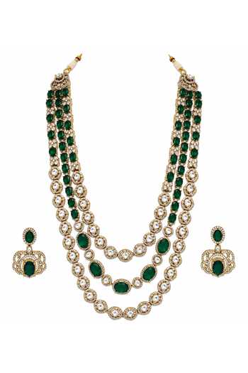 Vivinia By Vidhi Mehra_Emerald Green Moissanite Three-layered Necklace Set _Online_at_Aza_Fashions