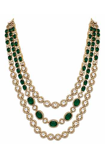 Shop_Vivinia By Vidhi Mehra_Emerald Green Moissanite Three-layered Necklace Set _Online_at_Aza_Fashions