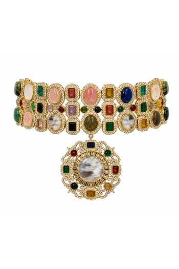 Vivinia By Vidhi Mehra_Multi Color Semi-precious Stone Moissanite Choker Set _Online_at_Aza_Fashions