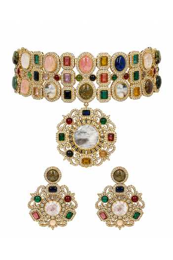 Buy_Vivinia By Vidhi Mehra_Multi Color Semi-precious Stone Moissanite Choker Set _Online_at_Aza_Fashions