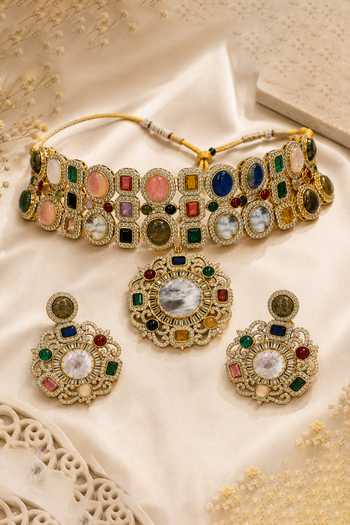 Shop_Vivinia By Vidhi Mehra_Multi Color Semi-precious Stone Moissanite Choker Set _at_Aza_Fashions