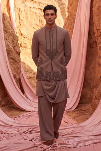 Shop_Amit Arora_Brown Knit Embroidered Waistcoat And Kurta Set _at_Aza_Fashions