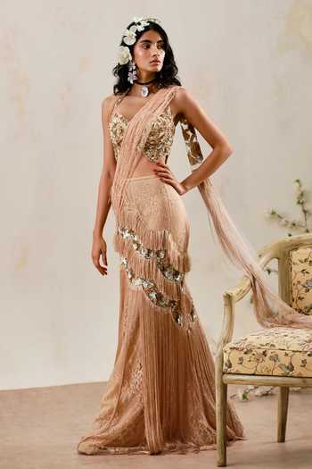 Buy_Shehlaa Khan_Gold Lace Sweetheart Neck Embellished Pre-draped Saree With Blouse _at_Aza_Fashions