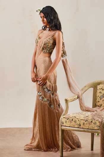 Shop_Shehlaa Khan_Gold Lace Sweetheart Neck Embellished Pre-draped Saree With Blouse _at_Aza_Fashions