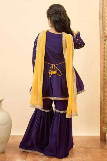 Shop_StyloBug_Purple Polyester, Net Embroidered Flared Kurta Sharara Set _at_Aza_Fashions