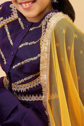 Buy_StyloBug_Purple Polyester, Net Embroidered Flared Kurta Sharara Set _Online