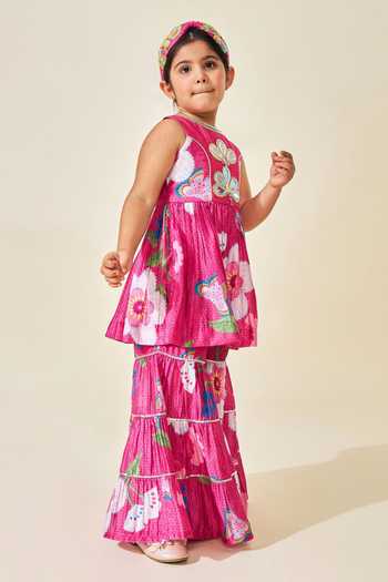 Joey & Pooh_Pink Cotton, Chanderi Rumi Printed Top And Sharara Set _Online_at_Aza_Fashions