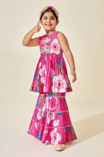 Buy_Joey & Pooh_Pink Cotton, Chanderi Rumi Printed Top And Sharara Set _Online_at_Aza_Fashions