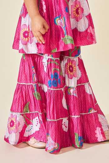 Joey & Pooh_Pink Cotton, Chanderi Rumi Printed Top And Sharara Set _at_Aza_Fashions