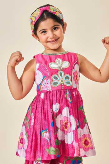 Buy_Joey & Pooh_Pink Cotton, Chanderi Rumi Printed Top And Sharara Set 