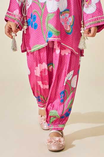 Joey & Pooh_Pink Satin, Modal Rumi Printed Kurta And Pant Set _Online_at_Aza_Fashions