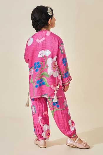 Shop_Joey & Pooh_Pink Satin, Modal Rumi Printed Kurta And Pant Set _at_Aza_Fashions