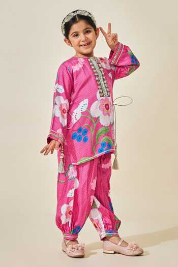 Buy_Joey & Pooh_Pink Satin, Modal Rumi Printed Kurta And Pant Set _Online_at_Aza_Fashions