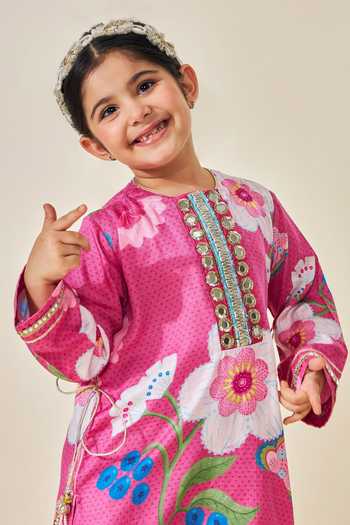 Shop_Joey & Pooh_Pink Satin, Modal Rumi Printed Kurta And Pant Set _Online_at_Aza_Fashions
