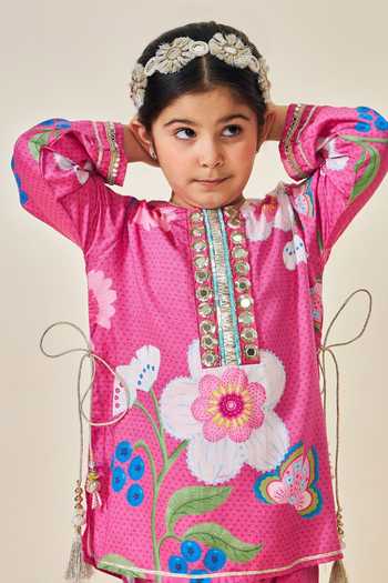 Joey & Pooh_Pink Satin, Modal Rumi Printed Kurta And Pant Set _at_Aza_Fashions