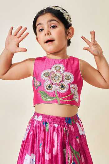 Shop_Joey & Pooh_Pink Cotton, Chanderi, Voile Rumi Printed Skirt Set _Online_at_Aza_Fashions